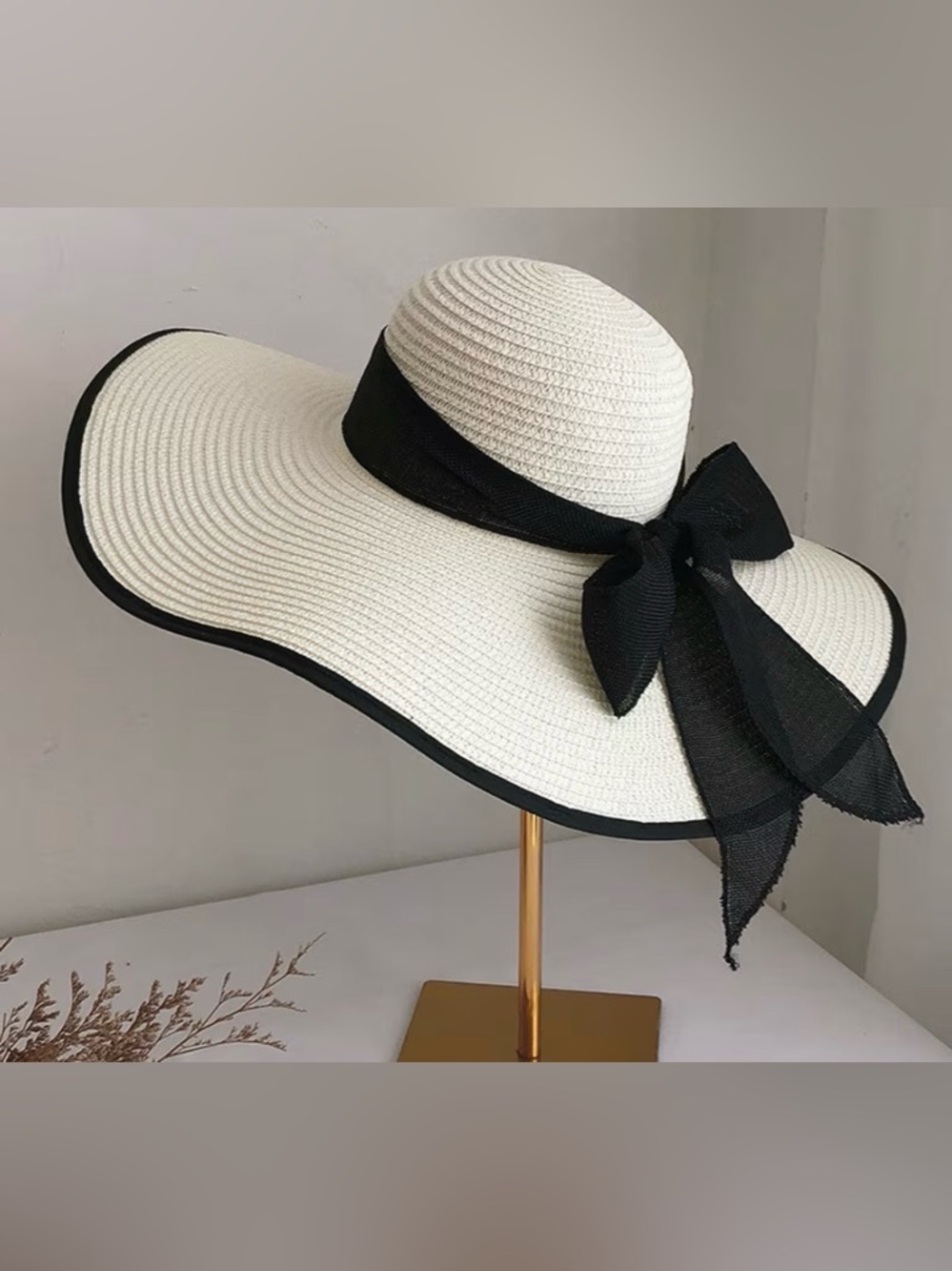 Wide-Brim Straw Sun Hat with Black Bow - White